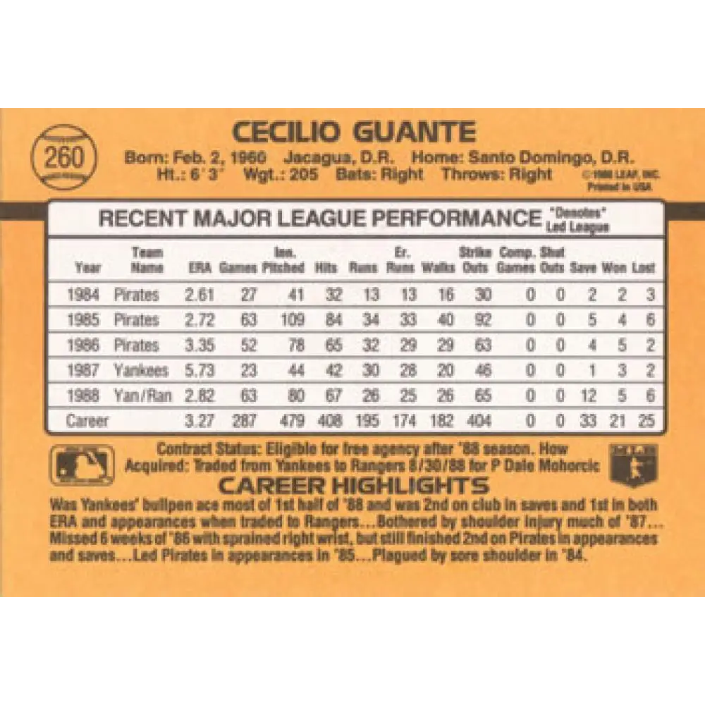 1989 Donruss #260 Cecilio Guante NM-MT Texas Rangers Baseball Card Image 2
