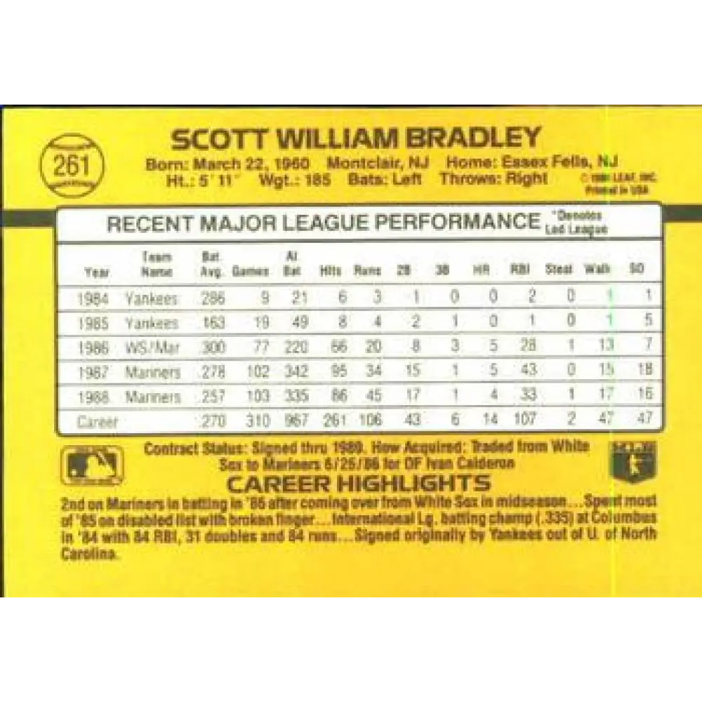 1989 Donruss #261 Scott Bradley NM-MT Seattle Mariners Baseball Card Image 2