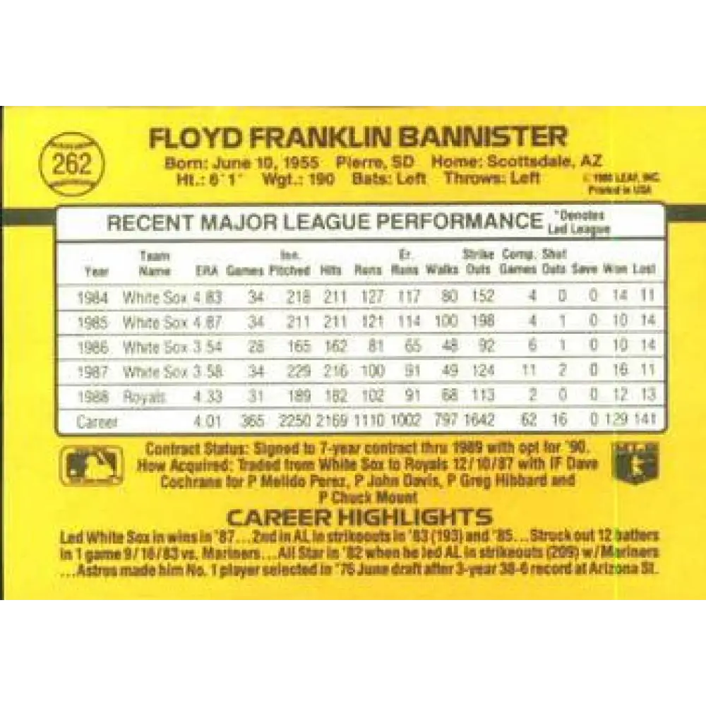 1989 Donruss #262 Floyd Bannister NM-MT Kansas City Royals Baseball Card Image 2