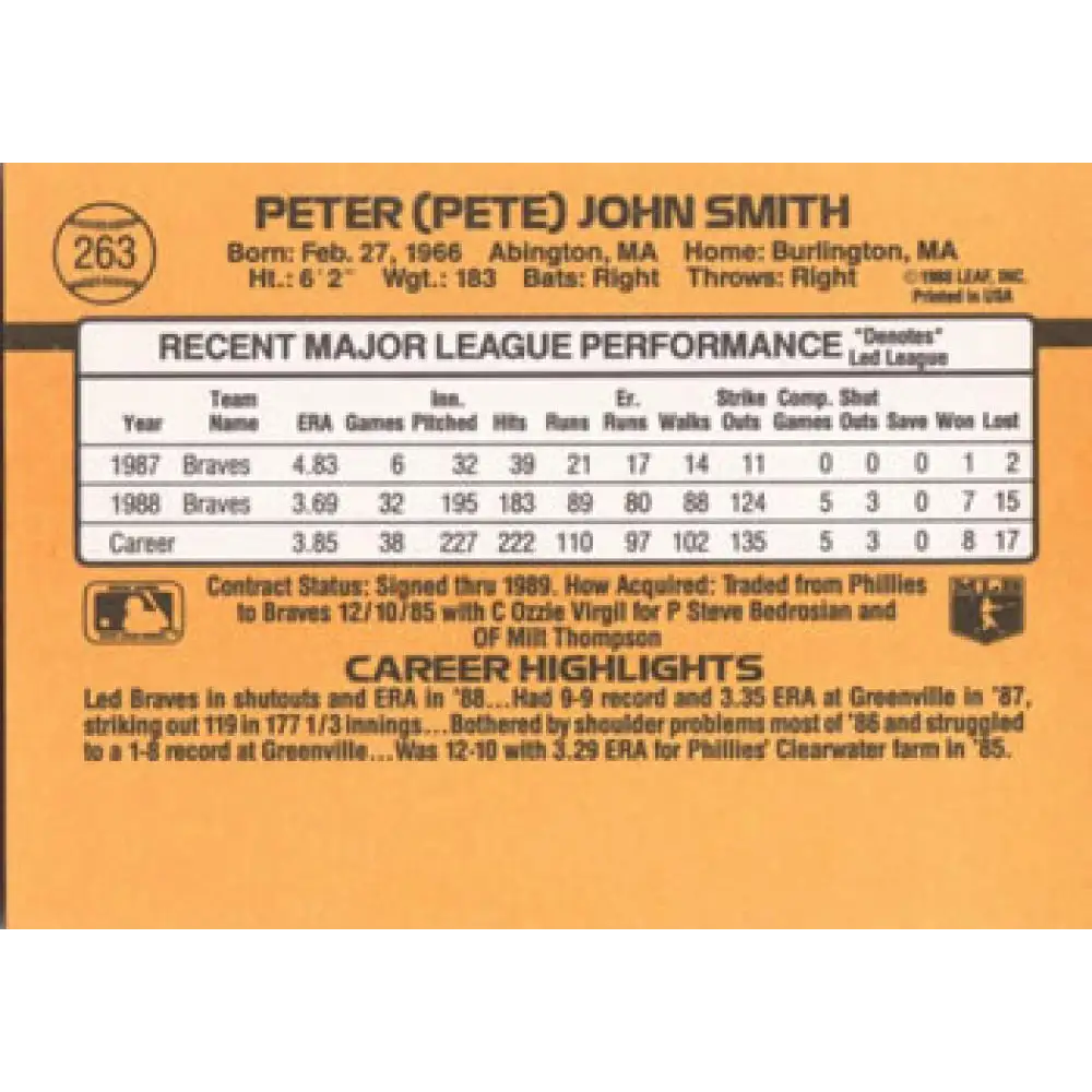 1989 Donruss #263 Pete Smith NM-MT Atlanta Braves Baseball Card Image 2