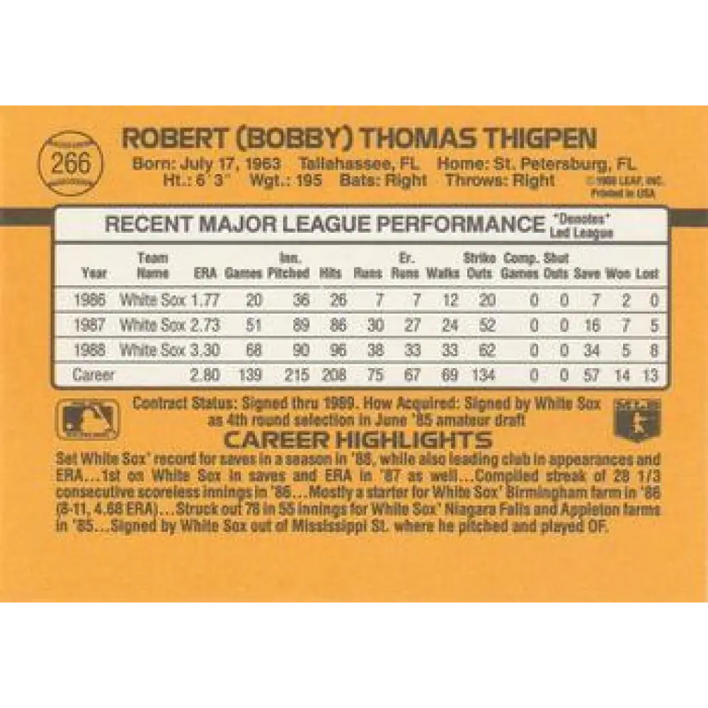1989 Donruss #266 Bobby Thigpen NM-MT Chicago White Sox Baseball Card Image 2