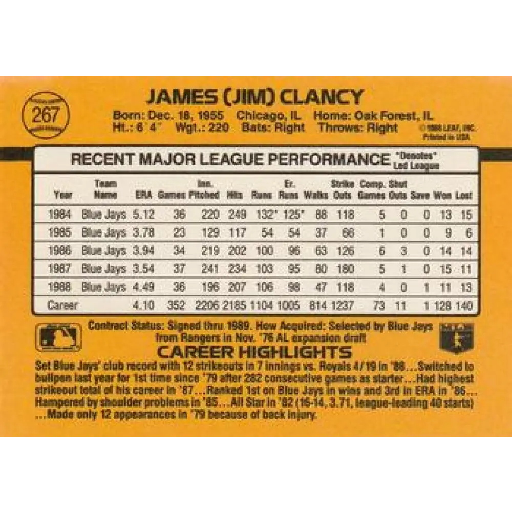 1989 Donruss #267 Jim Clancy NM-MT Toronto Blue Jays Baseball Card Image 2