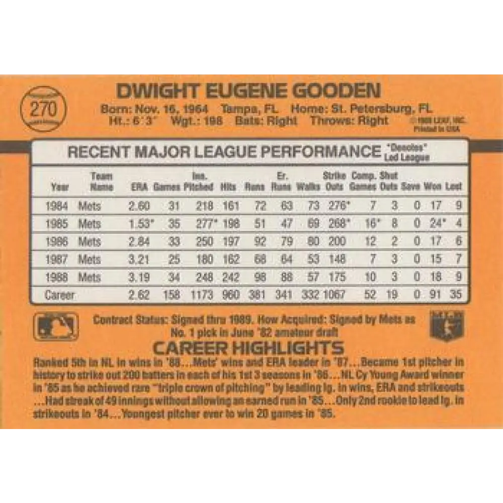 1989 Donruss #270 Dwight Gooden NM-MT New York Mets Baseball Card Image 2