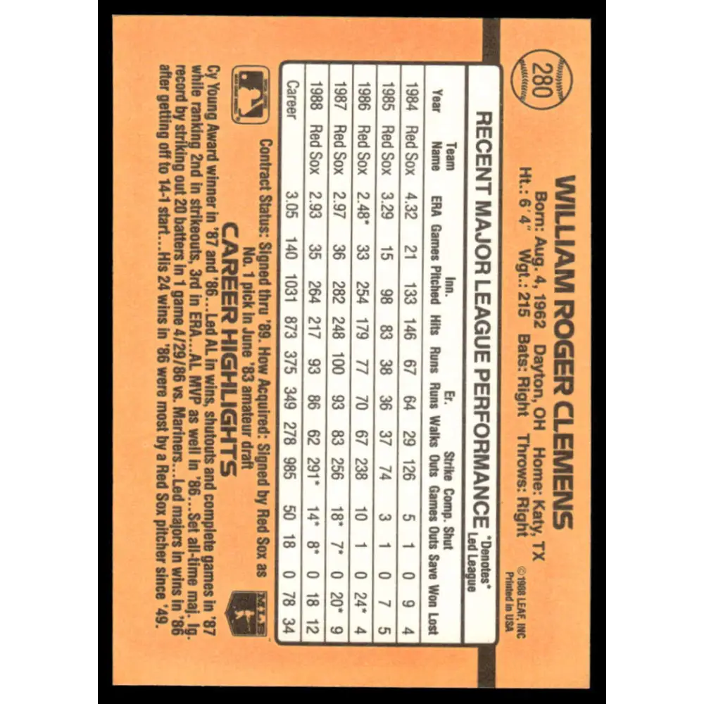 1989 Donruss #280 Roger Clemens EX/NM Boston Red Sox Baseball Card Image 2