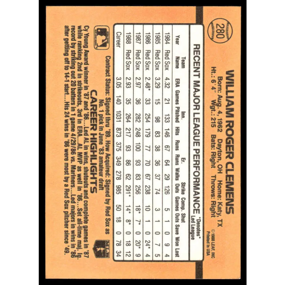1989 Donruss #280 Roger Clemens EX/NM Boston Red Sox Baseball Card Image 2