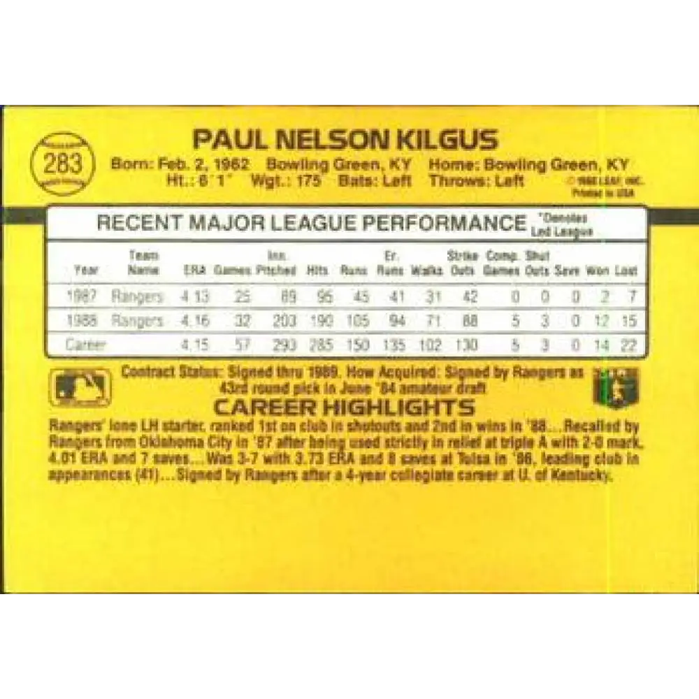 1989 Donruss #283 Paul Kilgus NM-MT Texas Rangers Baseball Card Image 2