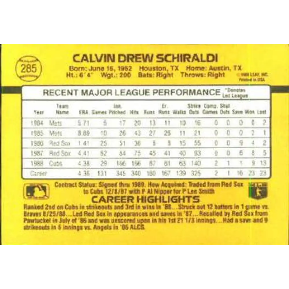 1989 Donruss #285 Calvin Schiraldi NM-MT Chicago Cubs Baseball Card Image 2