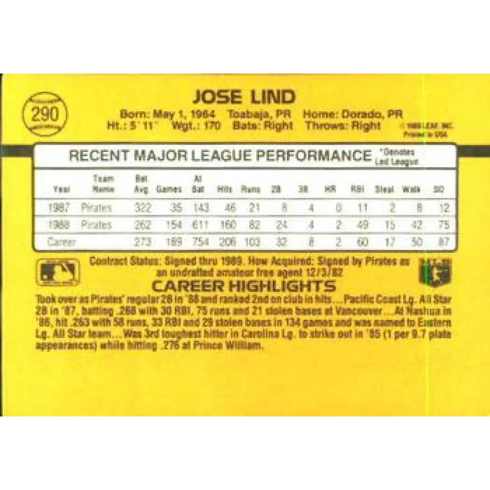 1989 Donruss #290 Jose Lind NM-MT Pittsburgh Pirates Baseball Card Image 2