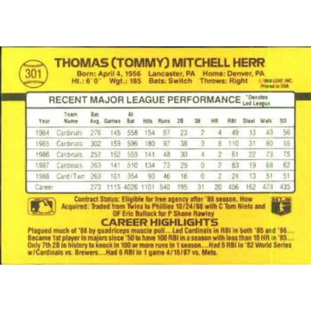 1989 Donruss #301 Tom Herr NM-MT Minnesota Twins Baseball Card Image 2