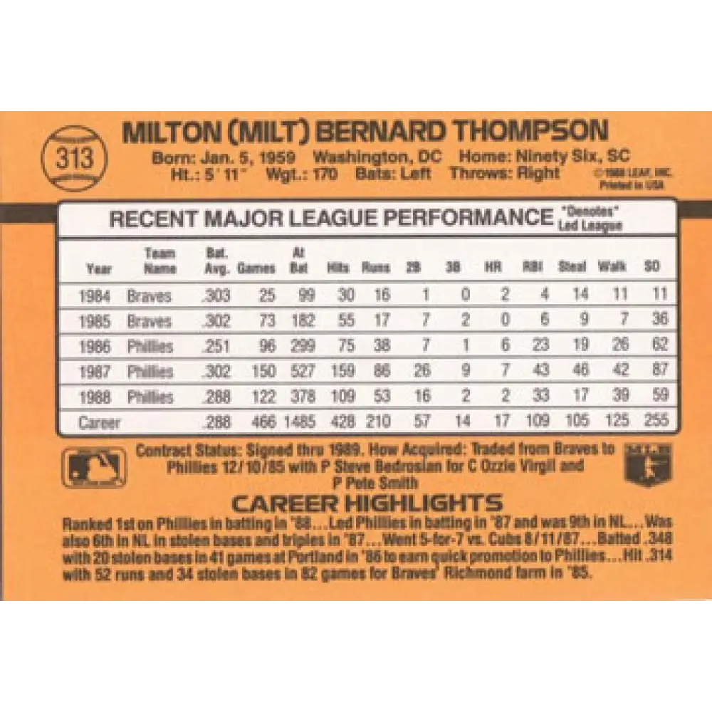 1989 Donruss #313 Milt Thompson NM-MT Philadelphia Phillies Baseball Card Image 2