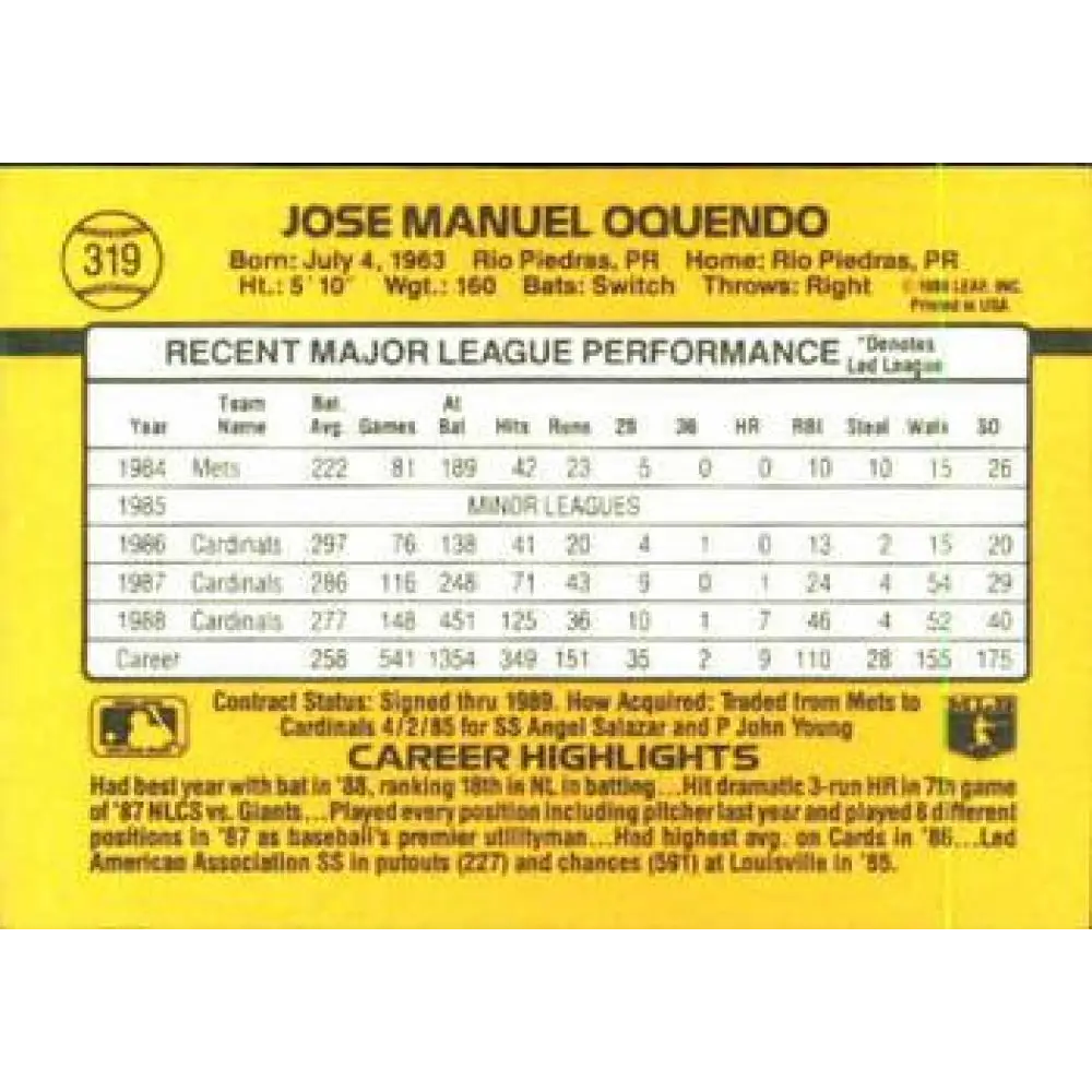 1989 Donruss #319 Jose Oquendo NM-MT St. Louis Cardinals Baseball Card Image 2