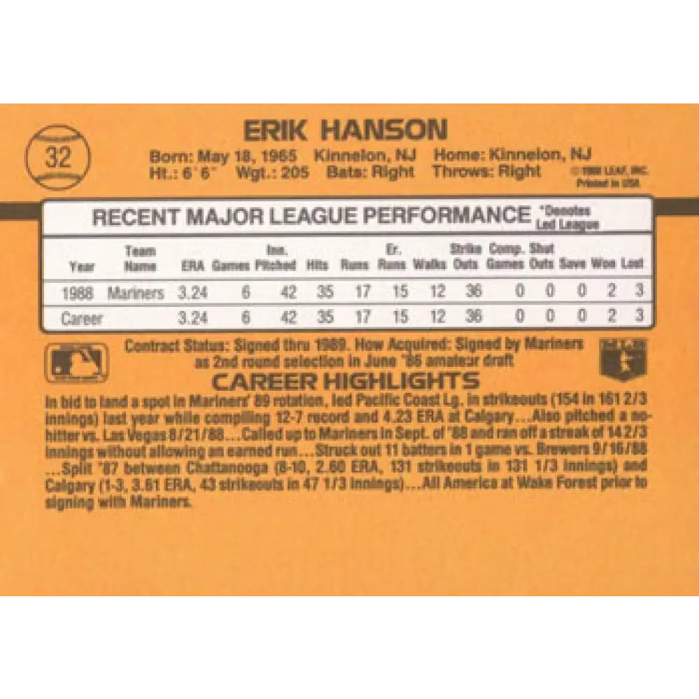 1989 Donruss #32 Erik Hanson / NM-MT RC Rookie Seattle Mariners Baseball Card Image 2