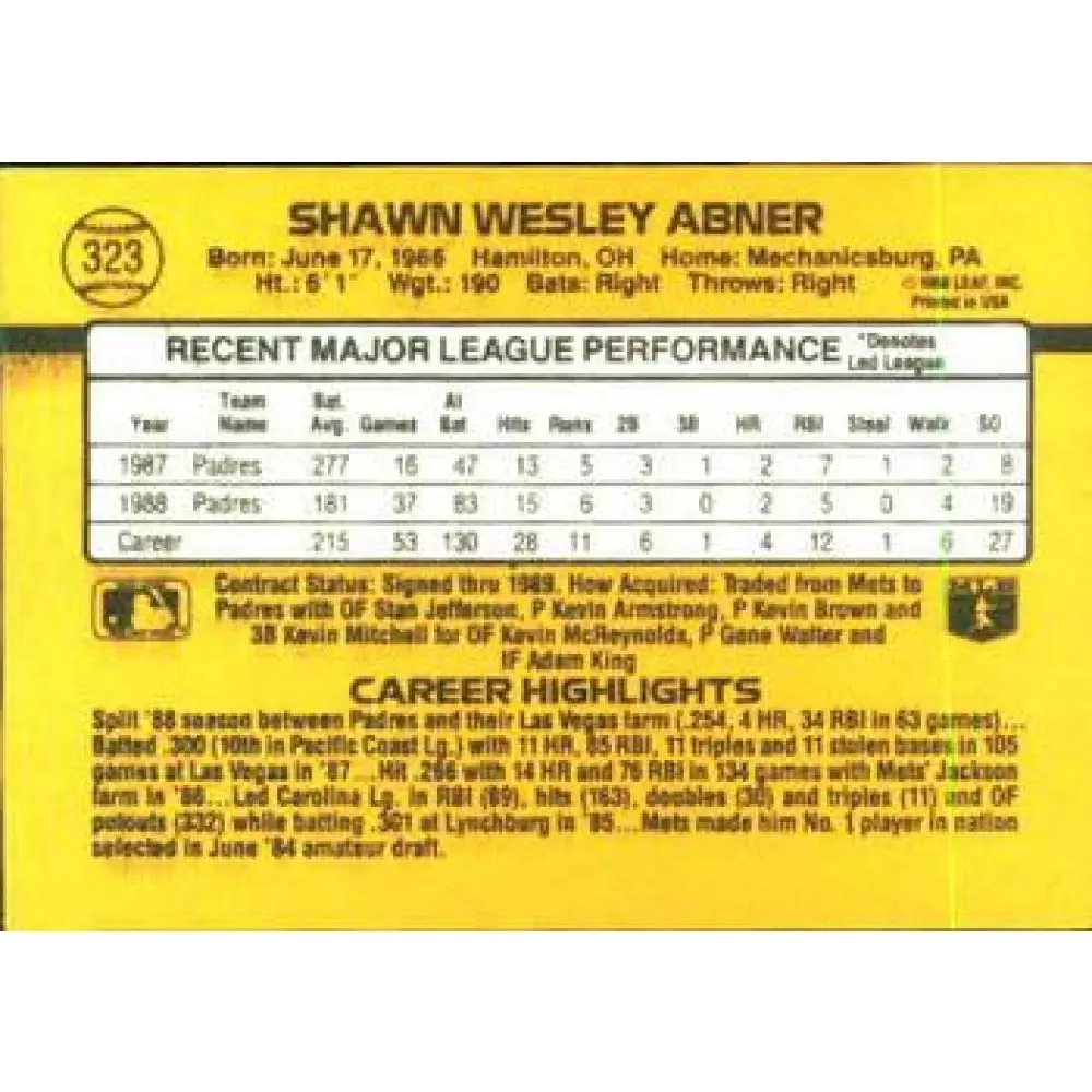 1989 Donruss #323 Shawn Abner NM-MT San Diego Padres Baseball Card Image 2