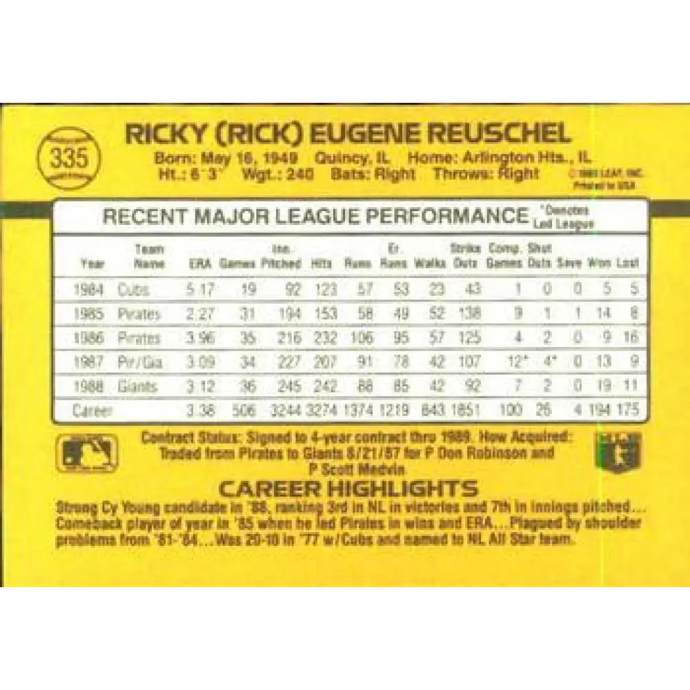 1989 Donruss #335 Rick Reuschel UER NM-MT San Francisco Giants Baseball Card Image 2