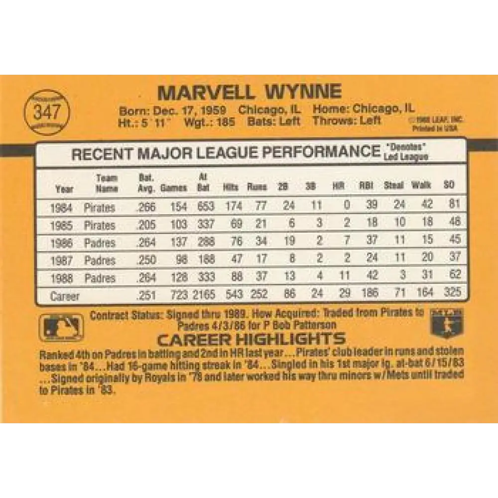 1989 Donruss #347 Marvell Wynne NM-MT San Diego Padres Baseball Card Image 2