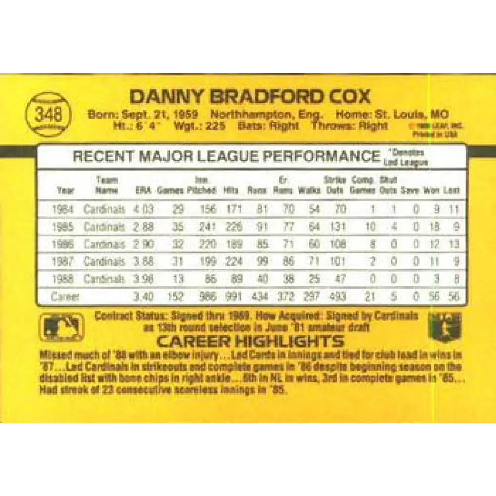 1989 Donruss #348 Danny Cox NM-MT St. Louis Cardinals Baseball Card Image 2