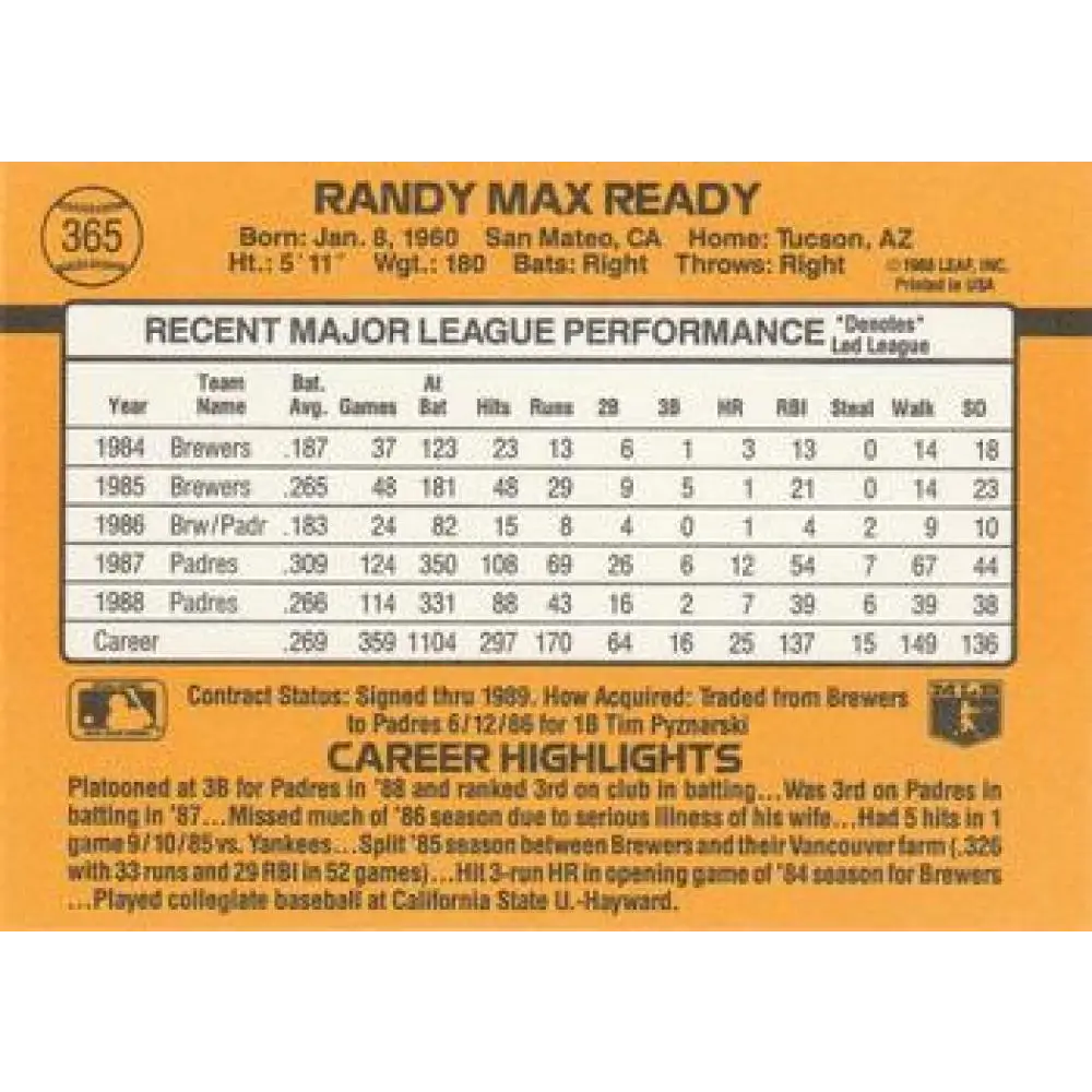 1989 Donruss #365 Randy Ready NM-MT San Diego Padres Baseball Card Image 2