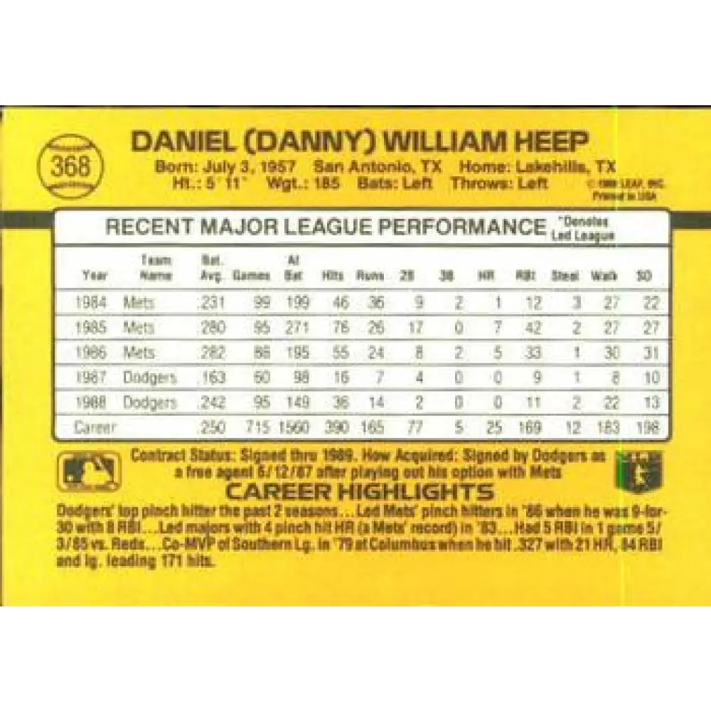 1989 Donruss #368 Danny Heep NM-MT Los Angeles Dodgers Baseball Card Image 2