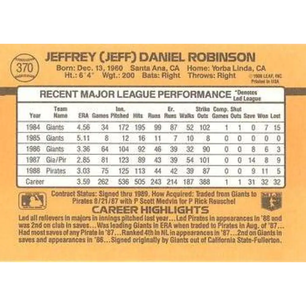 1989 Donruss #370 Jeff Robinson NM-MT Pittsburgh Pirates Baseball Card Image 2
