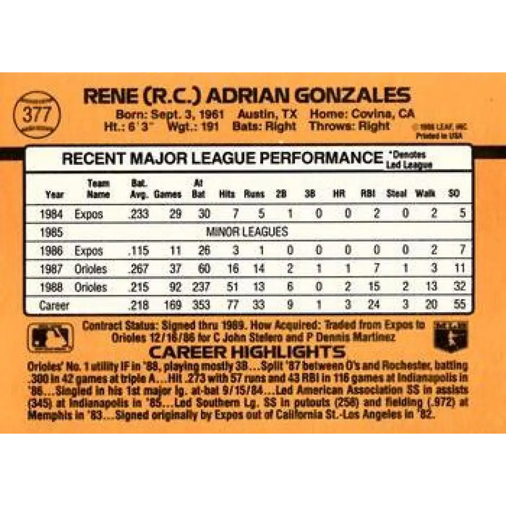 1989 Donruss #377 Rene Gonzales NM-MT Baltimore Orioles Baseball Card Image 2