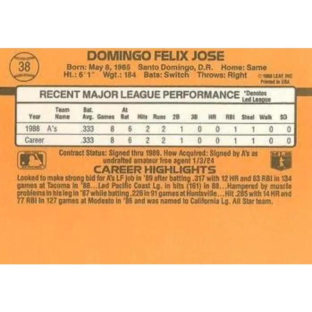 1989 Donruss #38 Felix Jose/ NM-MT RC Rookie Oakland Athletics Baseball Card Image 2