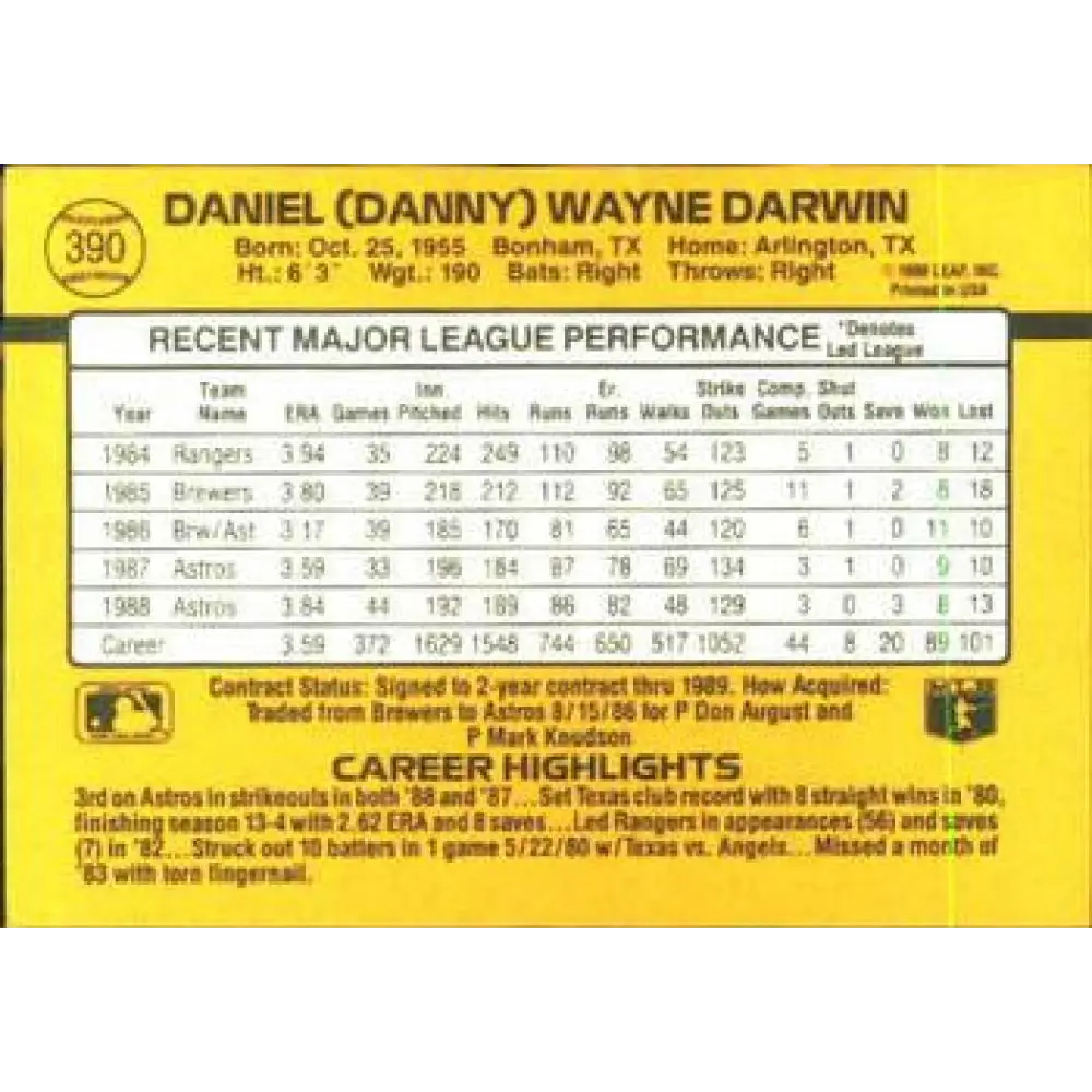 1989 Donruss #390 Danny Darwin NM-MT Houston Astros Baseball Card Image 2