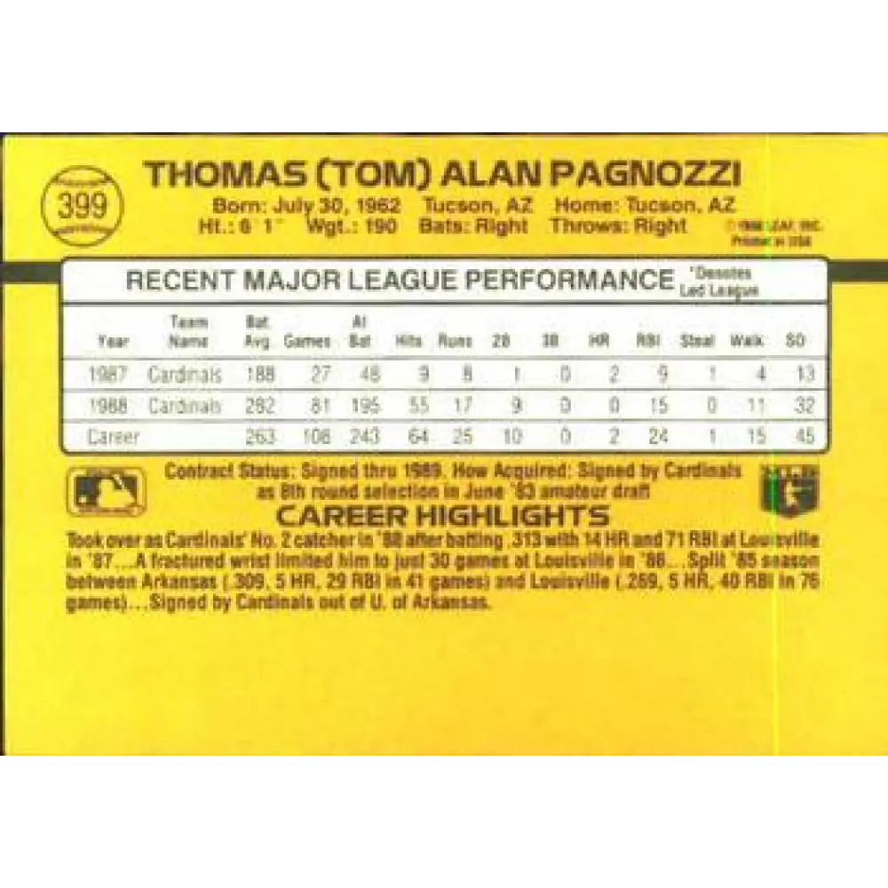 1989 Donruss #399 Tom Pagnozzi NM-MT St. Louis Cardinals Baseball Card Image 2