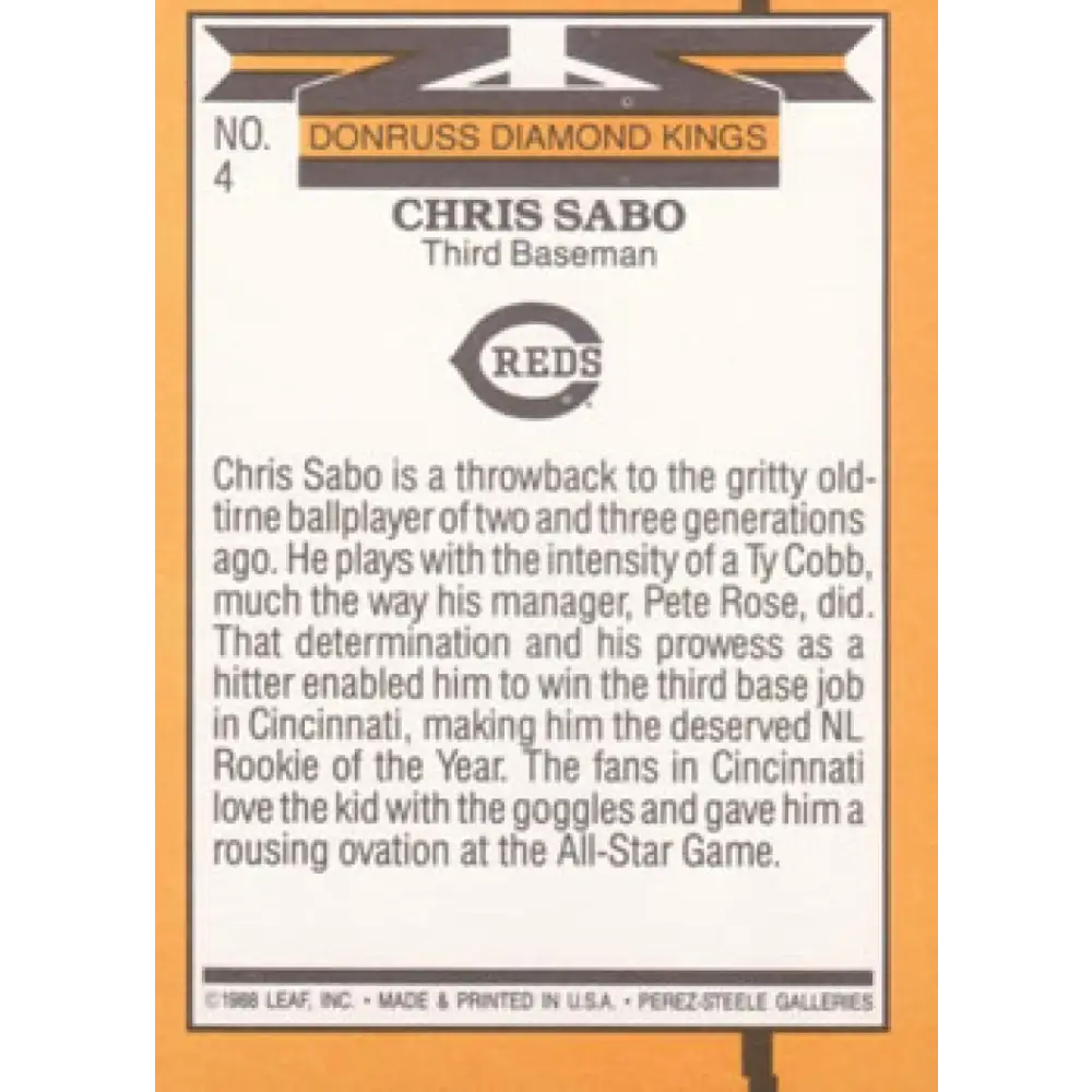 1989 Donruss #4 Chris Sabo DK DP NM-MT Cincinnati Reds Baseball Card Image 2