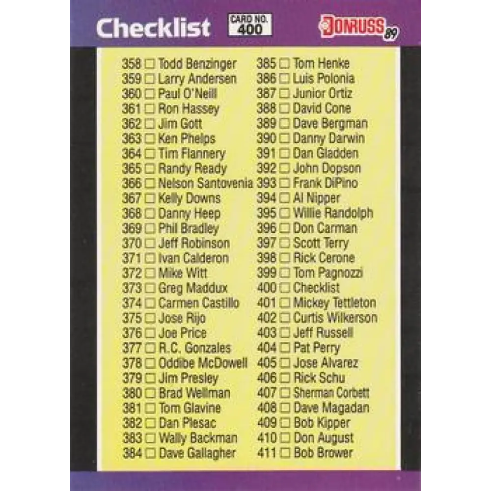 1989 Donruss #400 Checklist 358-467 NM-MT Checklist Baseball Card Image 1