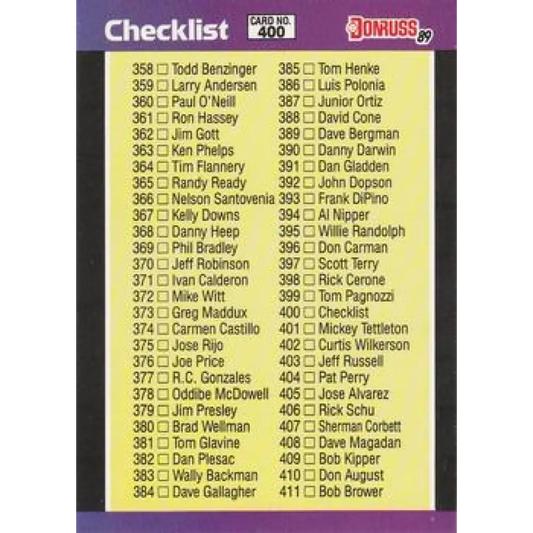 1989 Donruss #400 Checklist 358-467 NM-MT Checklist Baseball Card Image 1