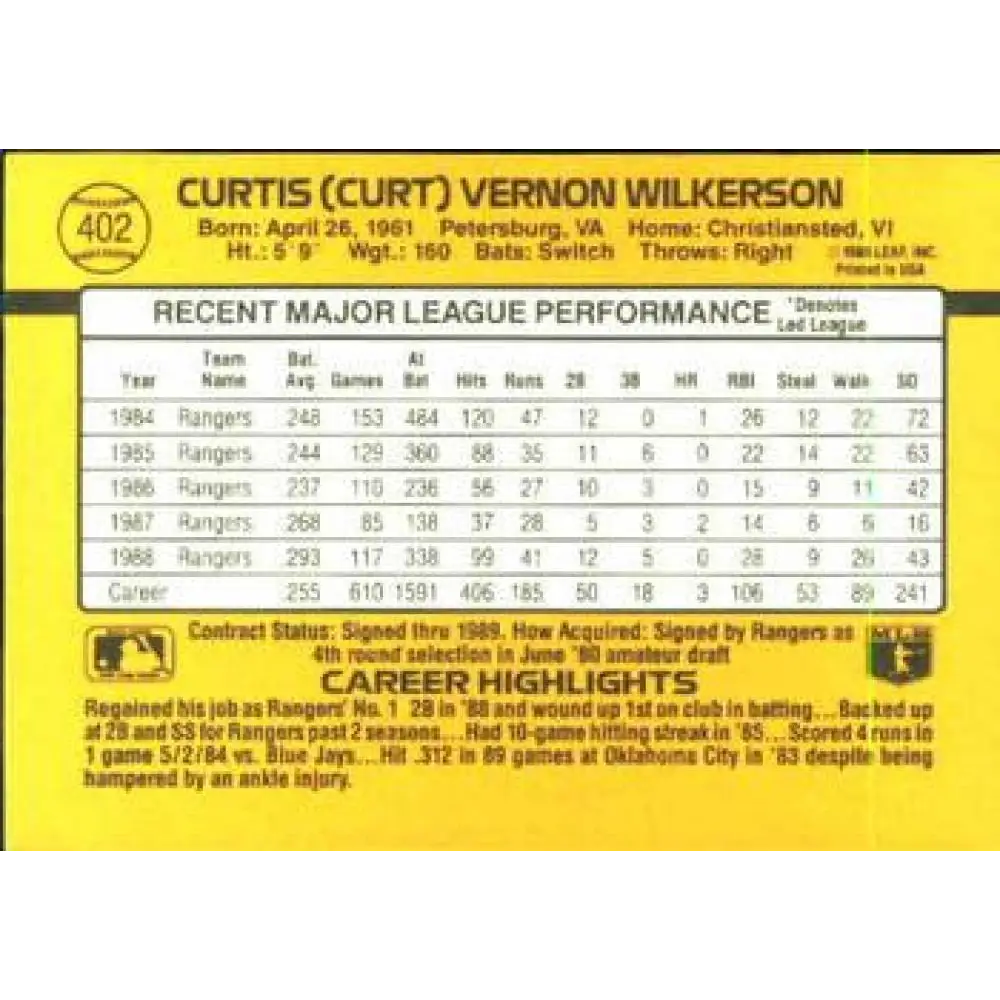 1989 Donruss #402 Curtis Wilkerson NM-MT Texas Rangers Baseball Card Image 2
