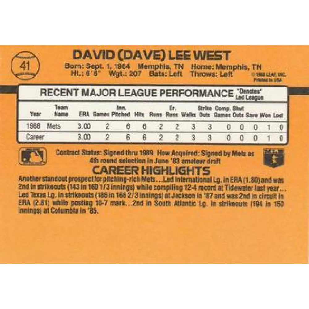 1989 Donruss #41 David West/ NM-MT RC Rookie New York Mets Baseball Card Image 2