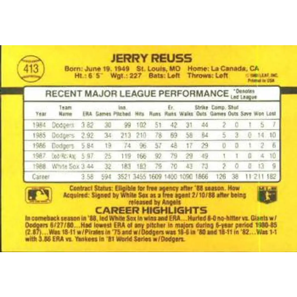 1989 Donruss #413 Jerry Reuss NM-MT Chicago White Sox Baseball Card Image 2