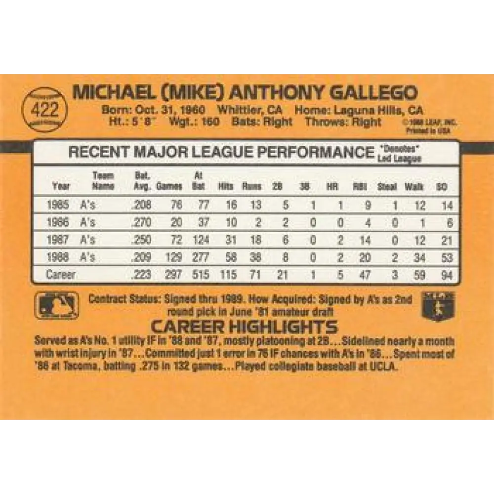 1989 Donruss #422 Mike Gallego NM-MT Oakland Athletics Baseball Card Image 2