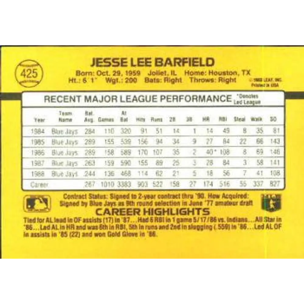 1989 Donruss #425 Jesse Barfield NM-MT Toronto Blue Jays Baseball Card Image 2