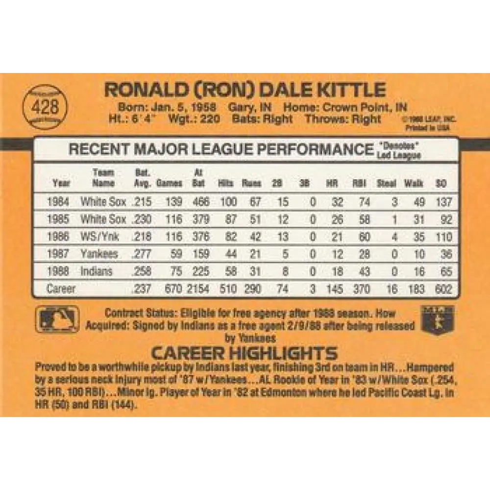 1989 Donruss #428 Ron Kittle NM-MT Cleveland Indians Baseball Card Image 2