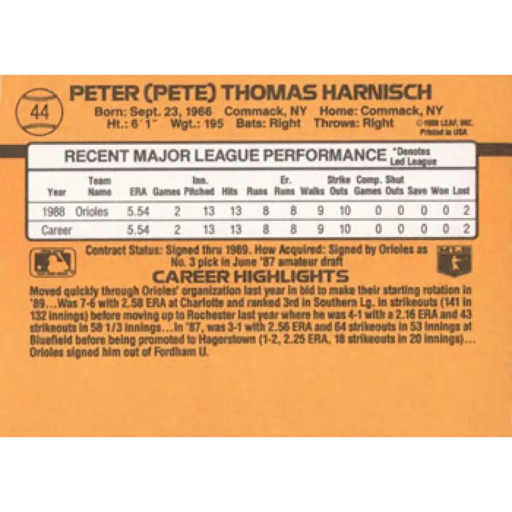 1989 Donruss #44 Pete Harnisch/ NM-MT RC Rookie Baltimore Orioles Baseball Card Image 2
