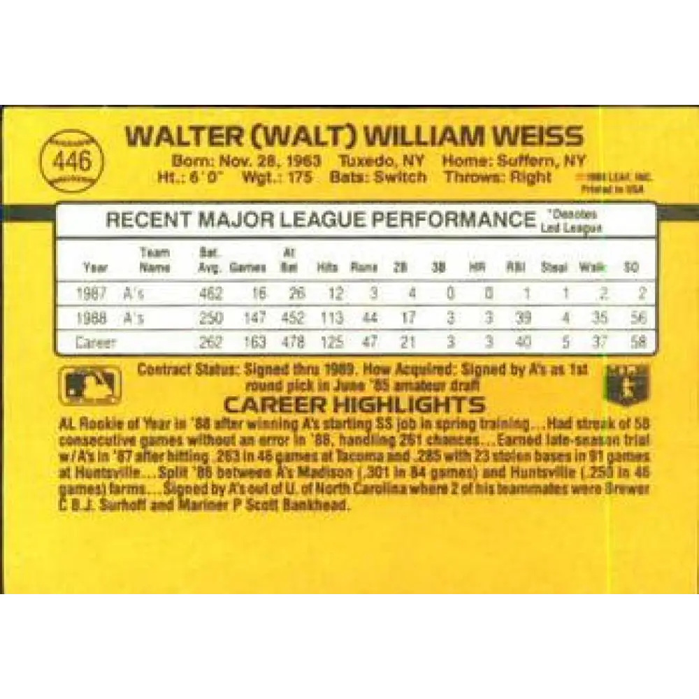 1989 Donruss #446 Walt Weiss NM-MT Oakland Athletics Baseball Card Image 2