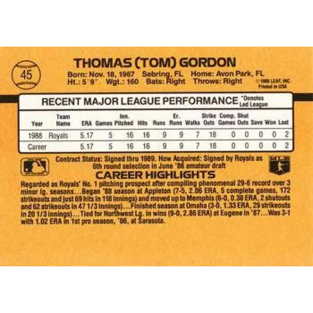 1989 Donruss #45 Tom Gordon NM-MT RC Rookie Kansas City Royals Baseball Card Image 2