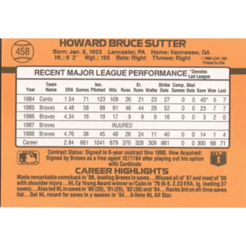 1989 Donruss #458 Bruce Sutter NM-MT Atlanta Braves Baseball Card Image 2
