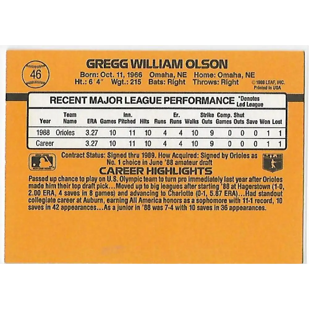 1989 Donruss #46 Gregg Olson/ DP NM-MT RC Rookie Baltimore Orioles Baseball Card Image 2