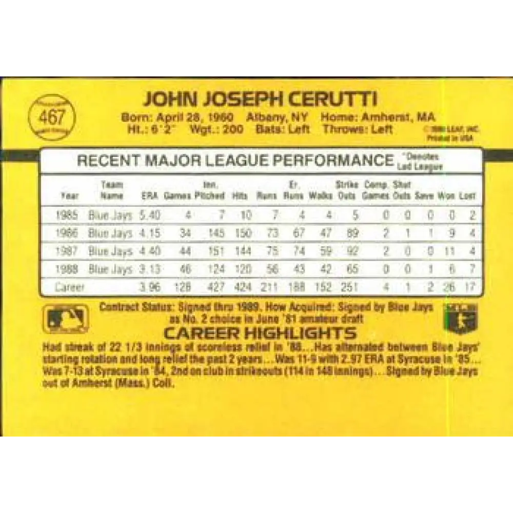 1989 Donruss #467 John Cerutti NM-MT Toronto Blue Jays Baseball Card Image 2