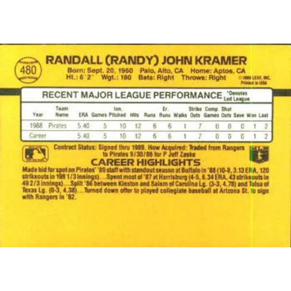 1989 Donruss #480 Randy Kramer NM-MT Pittsburgh Pirates Baseball Card Image 2