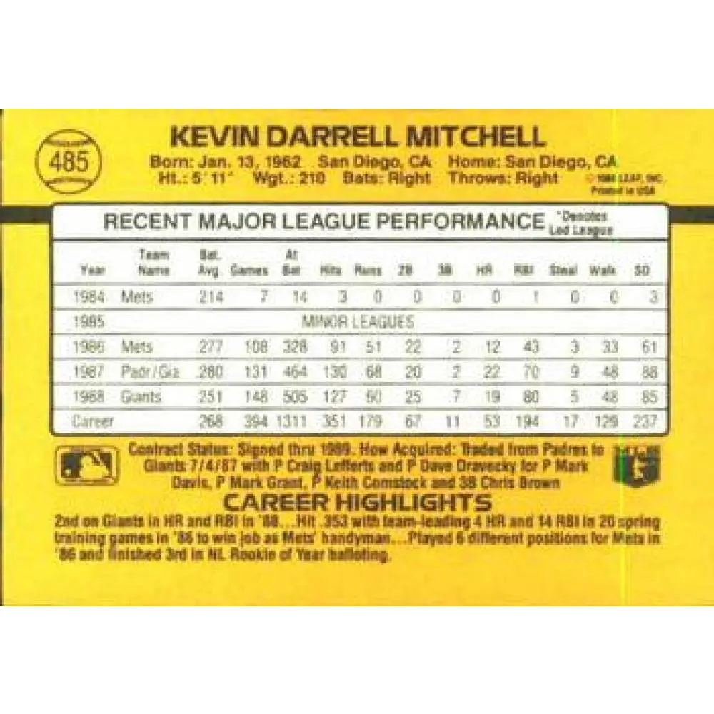1989 Donruss #485 Kevin Mitchell NM-MT San Francisco Giants Baseball Card Image 2