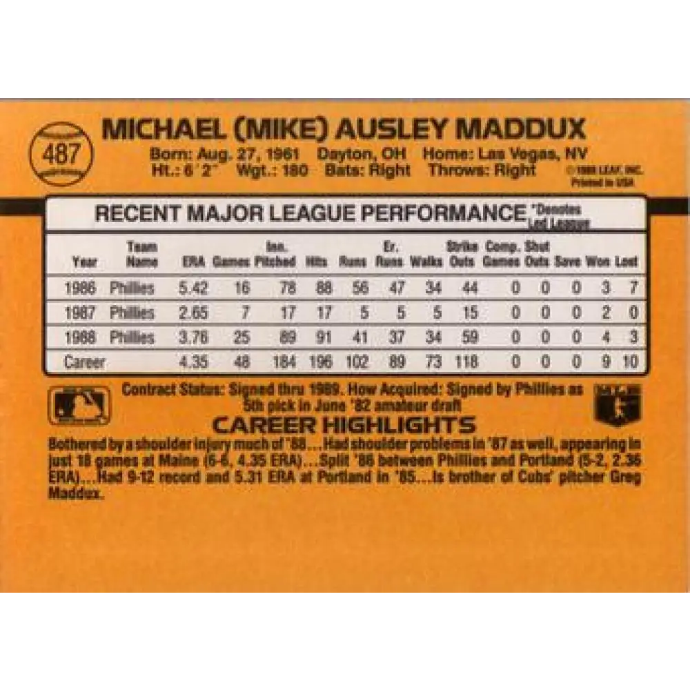 1989 Donruss #487 Mike Maddux NM-MT Philadelphia Phillies Baseball Card Image 2