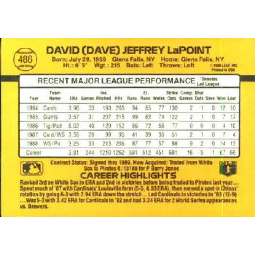 1989 Donruss #488 Dave LaPoint NM-MT Pittsburgh Pirates Baseball Card Image 2
