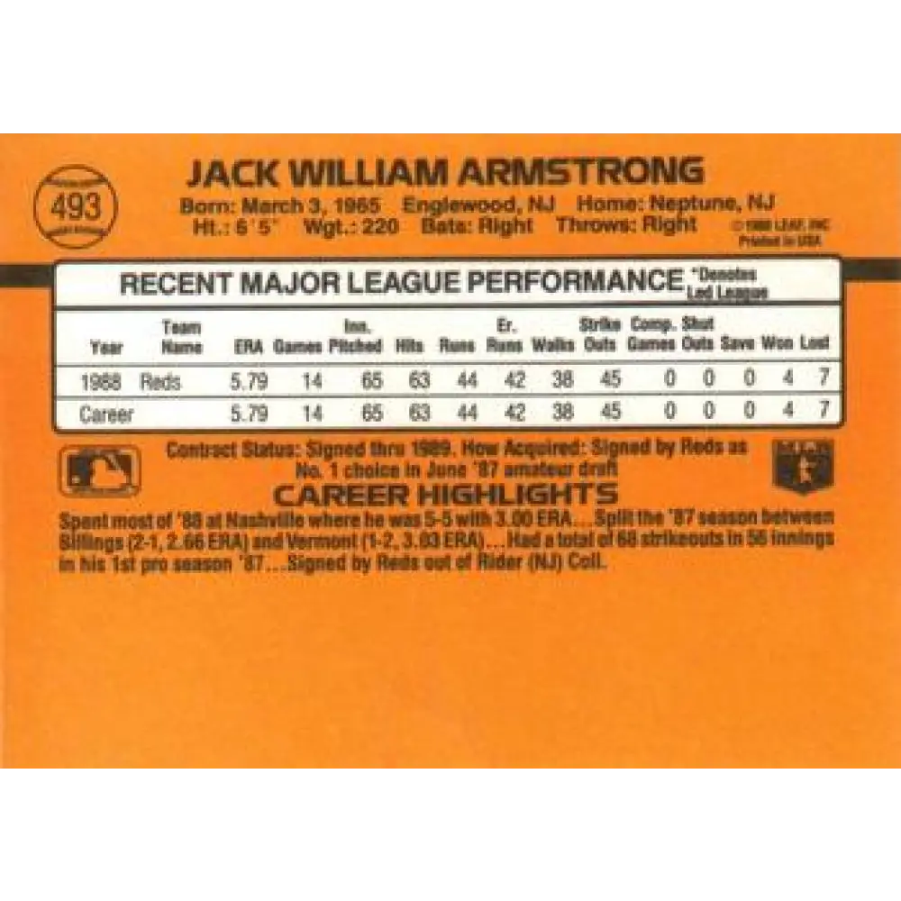 1989 Donruss #493 Jack Armstrong NM-MT RC Rookie Cincinnati Reds Baseball Card Image 2