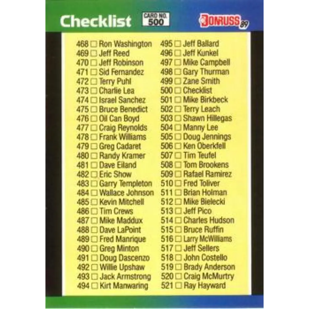 1989 Donruss #500 Checklist 468-577 DP NM-MT Checklist Baseball Card Image 1