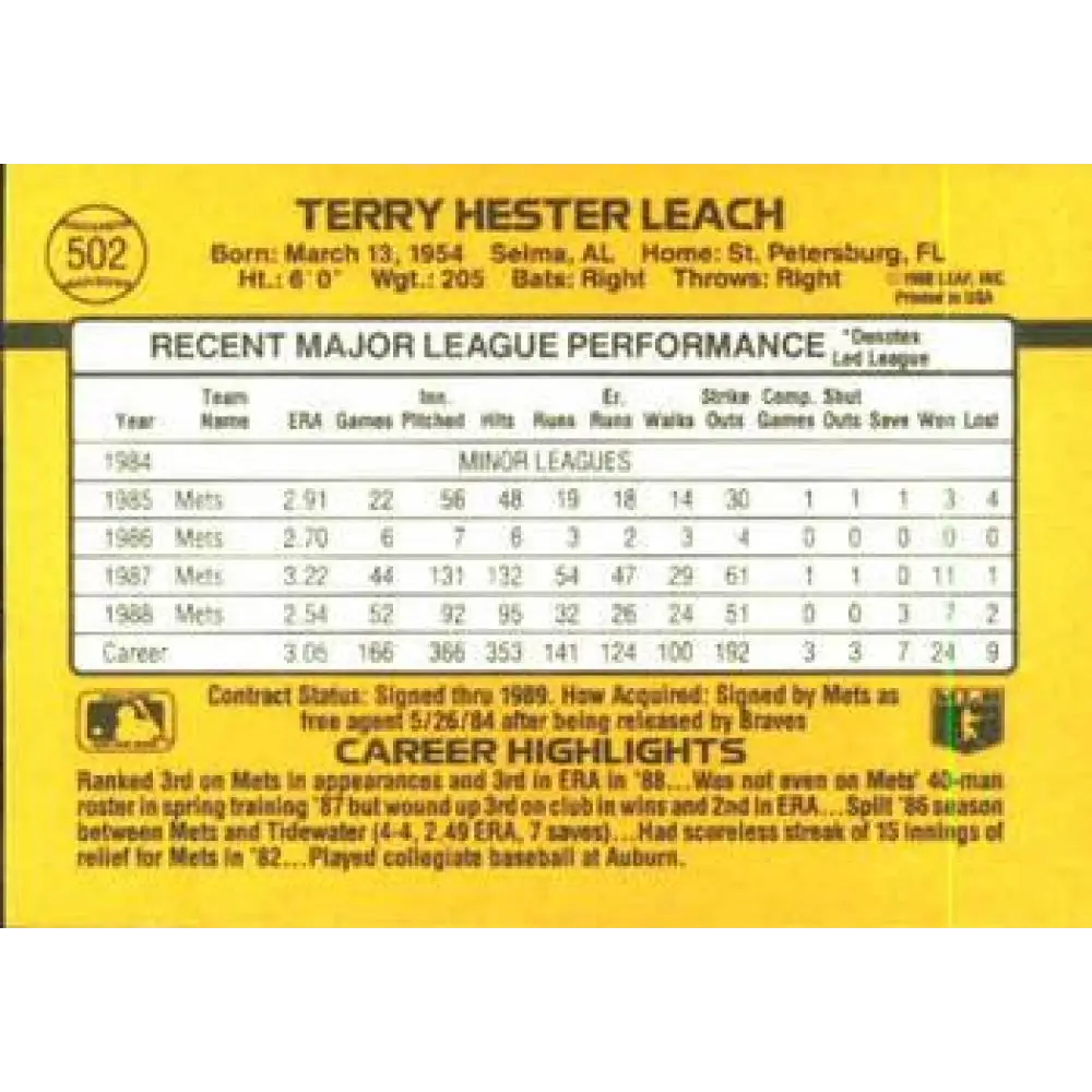 1989 Donruss #502 Terry Leach NM-MT New York Mets Baseball Card Image 2