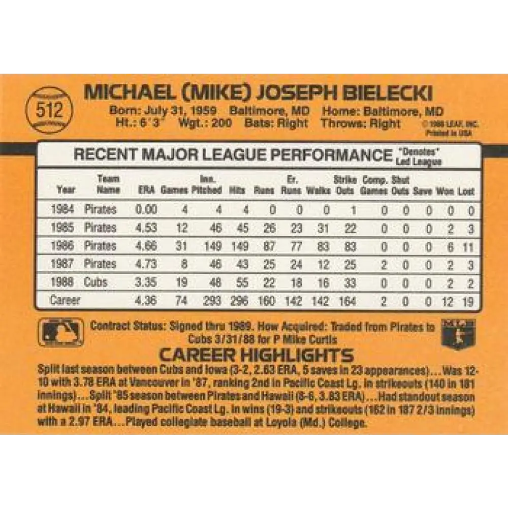 1989 Donruss #512 Mike Bielecki NM-MT Chicago Cubs Baseball Card Image 2